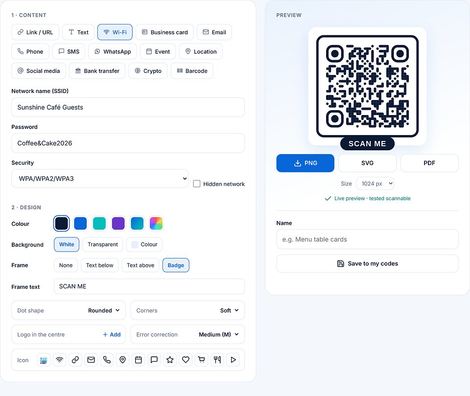 Код Wi-Fi: имя сети Sunshine Café Guests, пароль и шифрование WPA/WPA2/WPA3, рамка Badge с надписью SCAN ME.